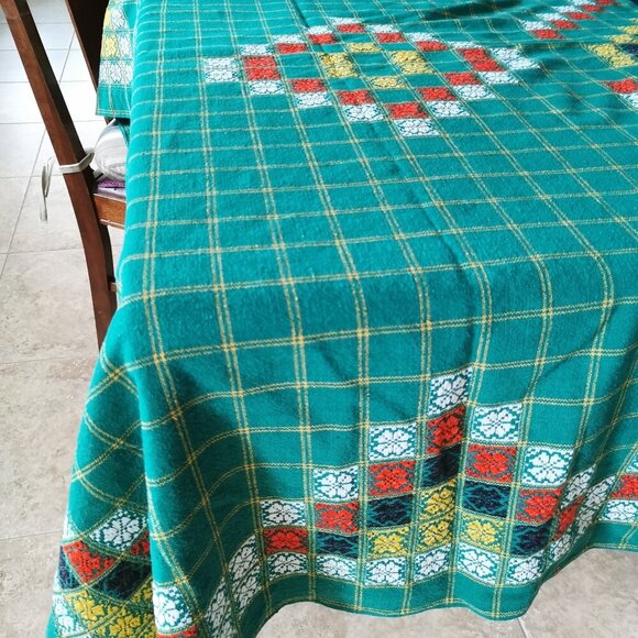 Green Tablecloth Retro Embroidered Geometric 57x77 Woven Floral Motif Yellow - Picture 1 of 9